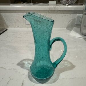 Vintage Blenko  Crackle Turquoise Glass Pitcher